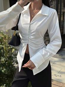Livesso Blouse blanche élégante à col et taille cintrée, style décontracté pour l'été - Blanc - Voir 7