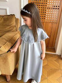 Dazy Kids Young Girl Elegant Solid Color Lace Trim Dress, Summer - Green - View 4