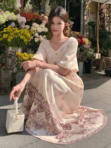 DAZY 女士V领短袖收腰印花连衣裙夏季吊带裙 - 杏色 - 查看 5