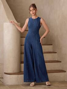 Selenza Bộ jumpsuit denim nữ kiểu dáng thường ngày, hở lưng, buộc dây, thích hợp cho kỳ nghỉ và mặc hàng ngày. - Màu xanh lam - Xem 7