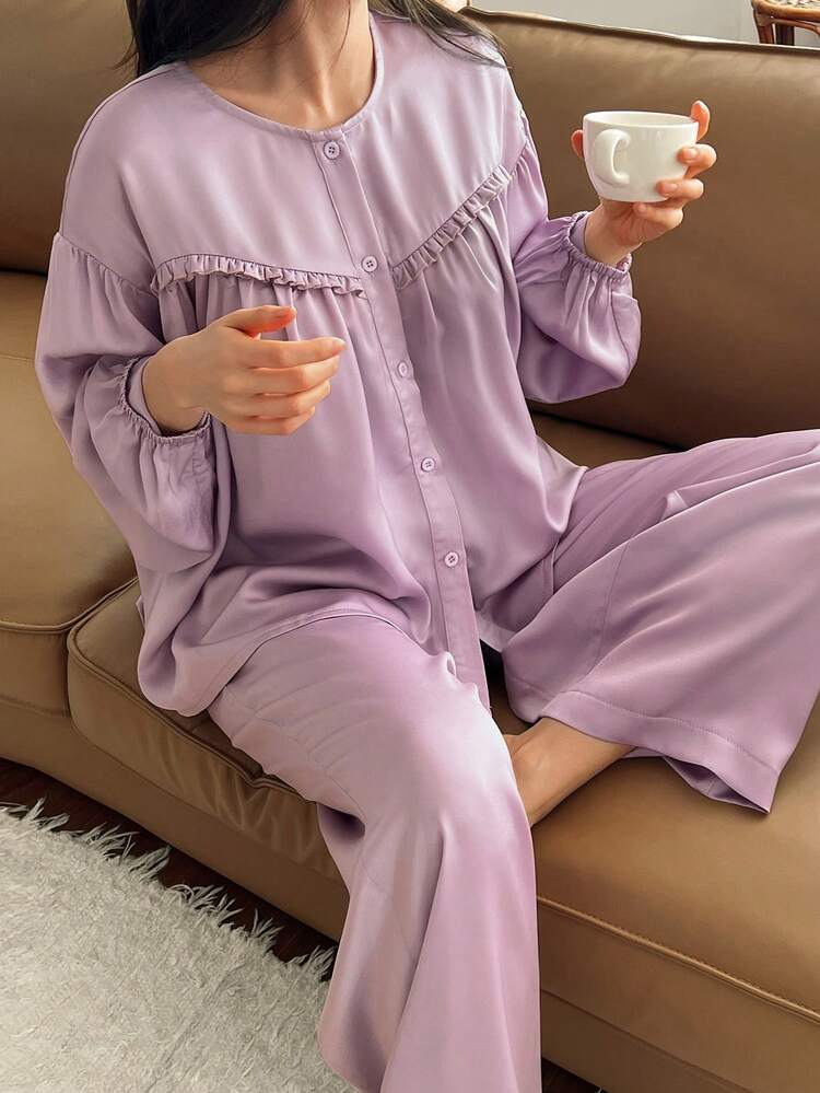 Elegant Satin Trim Decorative Women Pajama Set