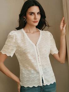 Anewsta Women's Sparkly Pearl V-Neck Flared Jacquard Knit Short Sleeve Cardigan - Apricot - View 5