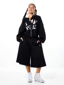 SUMWON X PAUL FRANK SUMWON WOMEN 女士宽松短款拉链连帽衫，饰有猴子爱心印花和“Myself”图案文字设计，黑色长袖休闲连帽衫 - 黑色 - 查看 3