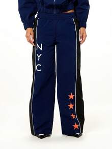 SUMWON WOMEN Women's Navy Manhattan Track Pants With Star Embellishments And Color Block Design Athleisure Joggers For Casual Everyday Wear - Blue - View 1