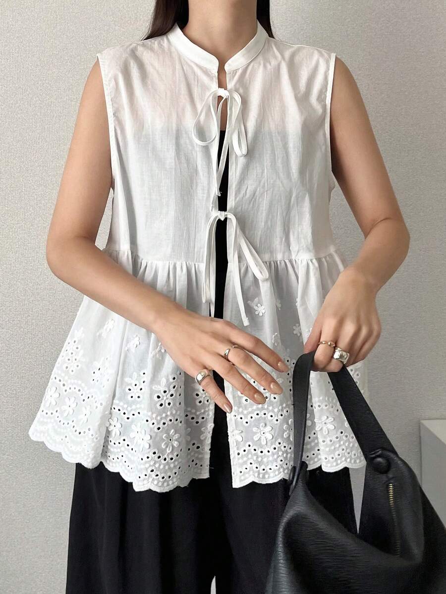 FRIFUL Blusa sin mangas con volantes y lazo bordado para mujer - Blanco - Ver 1