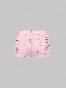 ROMWE Kawaii Cute & Fun Rabbit Polka Dot Lace Camisole & Ruched Shorts Pajama Set, Casual Loungewear - Pink - View 5