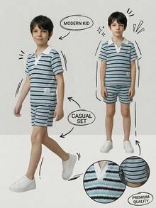 SHEIN Casuvi Kids 2件套男童条纹V领短袖上衣和无腰短裤套装，夏季 - 藍白色 - 查看 13