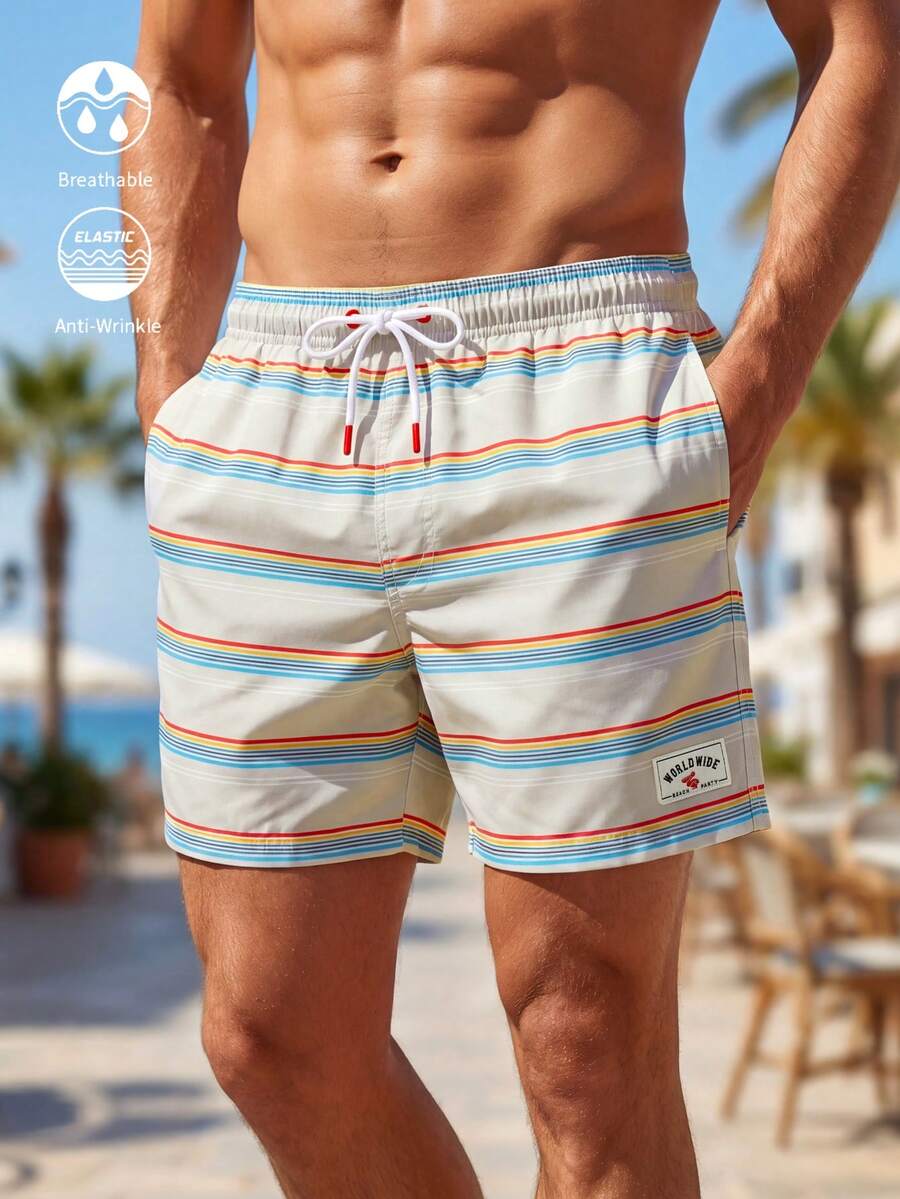 ZELFYO Men's Casual Striped Beach Shorts - Beige - View 1