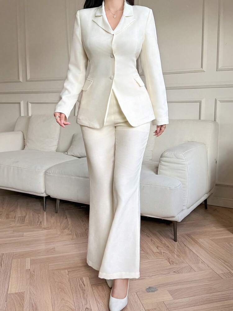 Women's Casual Solid Color Blazer Jacket And Flared Pants Suit Set, Spring