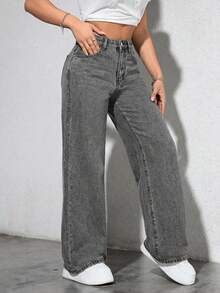 EURMUSE Jeans casuales y versátiles de tiro alto, pierna ancha y bolsillos para mujer - Gris - Ver 5