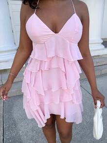 Alexandranx Vestido de verano de vacaciones en la playa de color rosa claro sólido, vestido de gasa con volantes de loto, vestido de tirantes, ropa para festival de música country, ropa para conciertos, ropa de vuelta al colegio, ropa de dama de honor para bodas, vestidos de verano para mujeres, Día de San Valentín, atuendos de San Valentín para mujeres para fiestas - Rosa Pálido - Ver 4