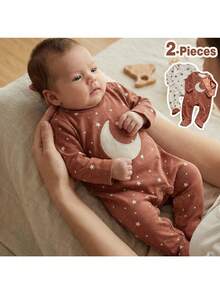 Loomiva Newborn Baby Girl Star Pattern Knitted Soft Crew Neck Long Sleeve Jumpsuit 2-Piece Set Sleeping Wear Baby Newborn Fall Romper Baby Unisex Clothes Sets Newborn Baby Pjs Newborn Girl Sleeping Clothes - Multicolor - View 1
