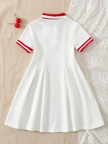 SHEIN Girls' Casual Black Contrast Collar Waist Knit Dress - Burgundy - View 4