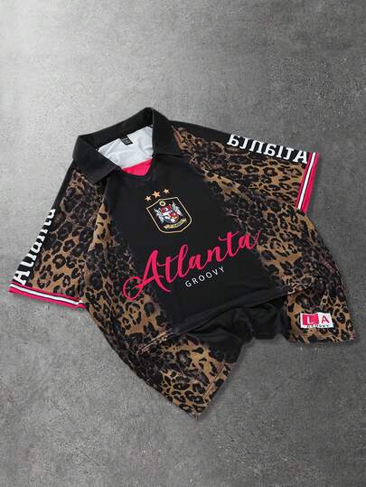 ROMWE MEN Men's Polo Shirt With "2026 World Cup" American Street Style Leopard Print Texture Sports Jersey Polo Shirt Short Sleeve