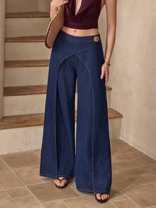 Selenza 女士宽松直筒交叉设计阔腿牛仔裤 - 深色水洗藍 - 查看 1
