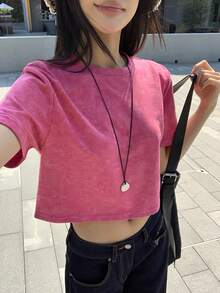 Strévra Women's Round Neck Striped Cropped Loose Short Sleeve Tie-Dye T-Shirt Summer - Pink - View 1