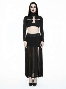 Glisette Dark Goth Style Chicken Eye Webbing Mesh Sexy Slit Slim Fit Skirt For Women - Black - View 5