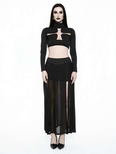 Glisette Dark Goth Style Chicken Eye Webbing Mesh Sexy Slit Slim Fit Skirt For Women
