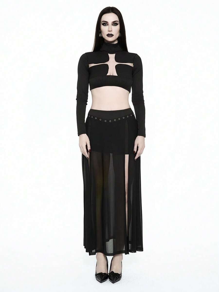 Glisette Dark Goth Style Chicken Eye Webbing Mesh Sexy Slit Slim Fit Skirt For Women - Black - View 1