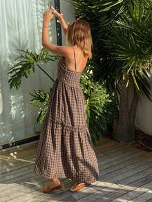 DAZY Teen GirlSpaghetti Strap Plaid Princess Dress - Brown - View 2