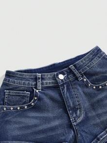 ROMWE Quần short denim nữ cạp thấp siêu ngắn thêu họa tiết nốt nhạc phong cách Y2K. - Rửa tối - Xem 3