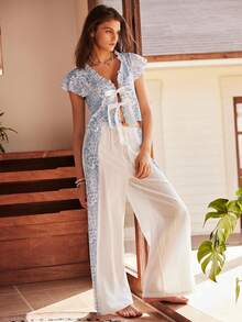 Lullawish Women's Floral Print Tie Front Top And Wide Leg Pants Casual Loungewear Set - Baby Blue - View 5