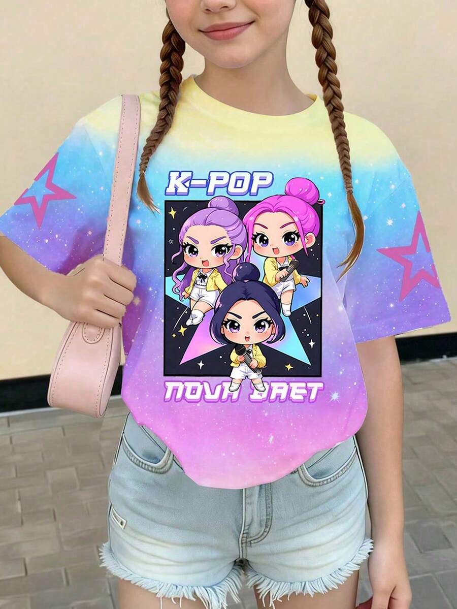 Áo thun ngắn tay cổ tròn in họa tiết hoạt hình K-POP hình ngôi sao, phối màu, thích hợp cho bé gái mặc hàng ngày và đi nghỉ mát, mùa xuân/hè/mọi mùa. - Hồng - Xem 1