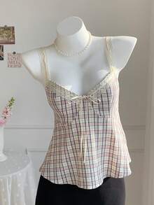 Comfortcana Plaid Cinched Waist Bow Ruffle Strap Y2K Cute Casual Preppy Daily Wear - Multicolor - View 6