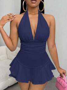 SHEIN SXY 夏季性感纯色露背吊带连体裤 - 寶藍色 - 查看 3