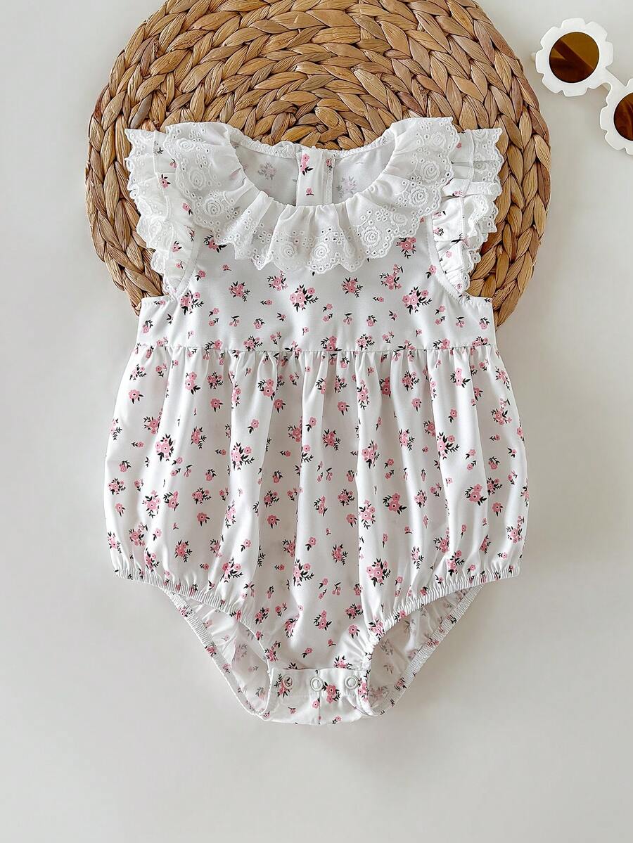 Newborn Baby Girl Cute Floral Pattern Ruffle Trim Romper, Summer - White - View 1