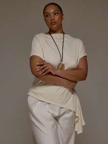 MUSERA Camiseta con cuello en pico, drapeado, fruncido y bajo asimétrico para invierno, Año Nuevo, linda y sexy para salir, fiesta de noche y eventos - Albaricoque - Ver 5