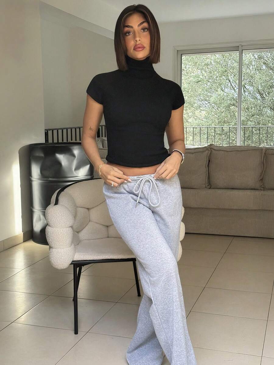 Áo len dệt kim cổ lọ tay ngắn dáng ôm dáng tay raglan thời trang thu/đông cho nữ - màu đen - Xem 1