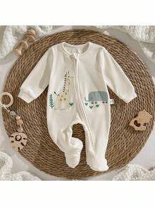 Loomiva Bộ đồ liền thân dài tay dệt kim mềm mại cổ tròn họa tiết voi hoạt hình cho bé gái sơ sinh - Màu be - Xem 5