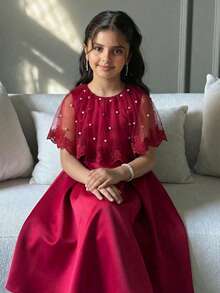 SHEIN 少女优雅A字网纱拼接连衣裙 - 紅色 - 查看 4