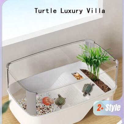 1个带晒台的龟缸，专为饲养红耳龟而设计的鱼缸，适用于别墅、客厅、小型住宅和房屋。
