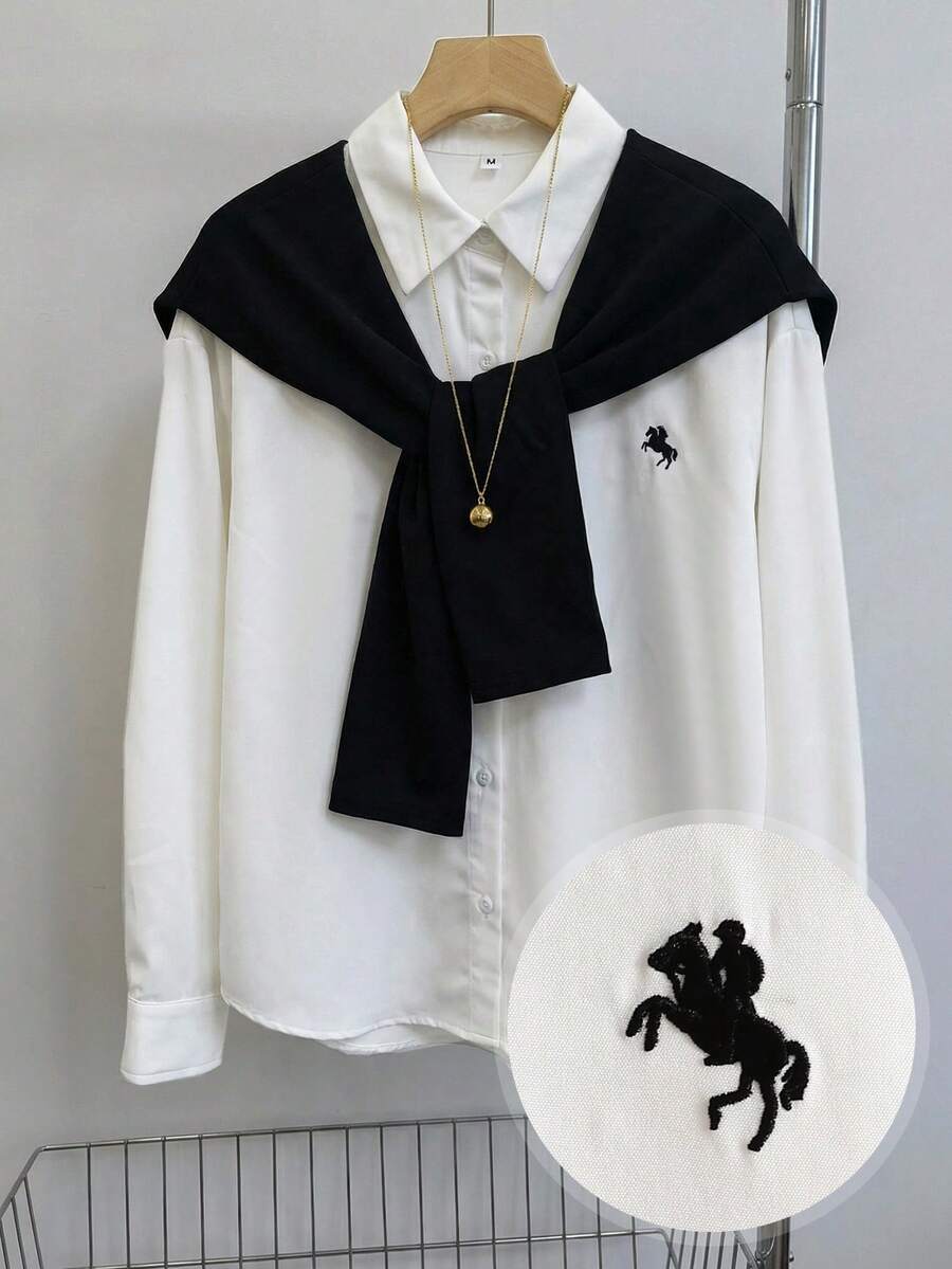 SHEIN 少女宽松休闲舒适翻领刺绣马图案撞色两件套长袖衬衫,返校季 - 黑與白 - 查看 1