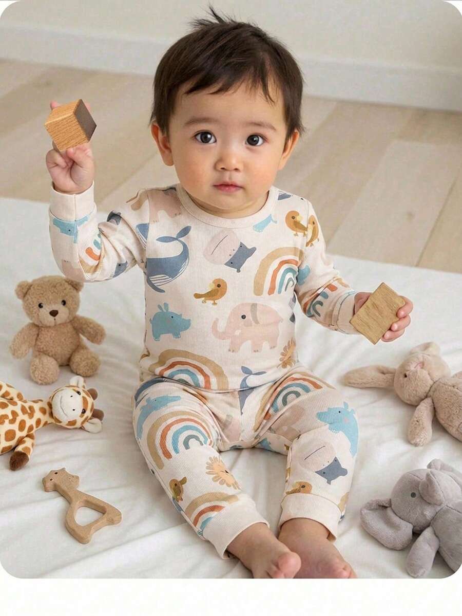 Baby Boy Cute Cartoon Pattern Knit Tight Long Sleeve Pajama Set, Casual - Multicolor - View 1