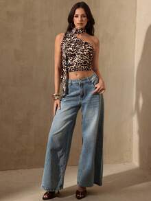 Glamine Sexy Leopard Print Cropped One Shoulder Vacation Top For Women, Summer - Brown - View 3