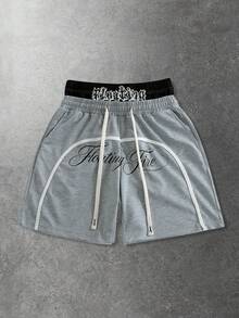 ROMWE MEN Men's Drawstring Waist Letter Print Casual Versatile Daily Wear Shorts, Suitable For Spring & Summer - Light Grey - View 1
