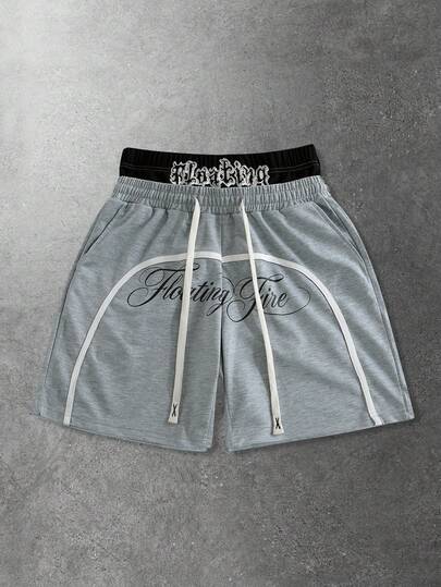 ROMWE MEN 男士抽绳腰带字母印花休闲百搭日常短裤，适合春夏穿着