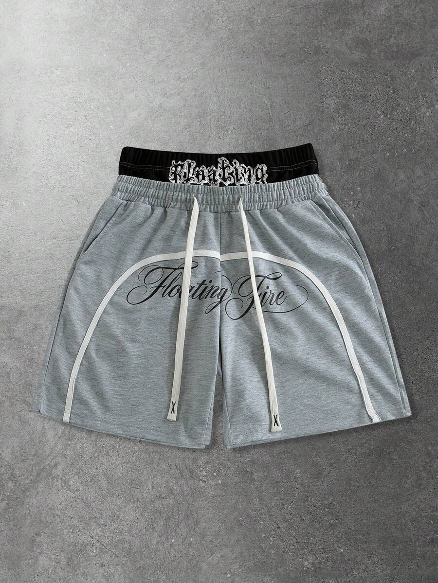 ROMWE MEN Men's Drawstring Waist Letter Print Casual Versatile Daily Wear Shorts, Suitable For Spring & Summer - Light Grey - View 1