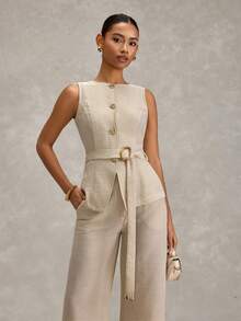 SHEIN 女士两件套服装背心和裤子套装 - 米色 - 查看 4