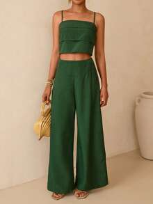 Vesra 两件套女士绿色叠层吊带背心和阔腿短裤套装 - 綠色 - 查看 7