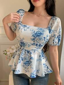 Celisse 印花方领花瓣袖收腰荷叶边下摆女式衬衫 - 彩色 - 查看 1