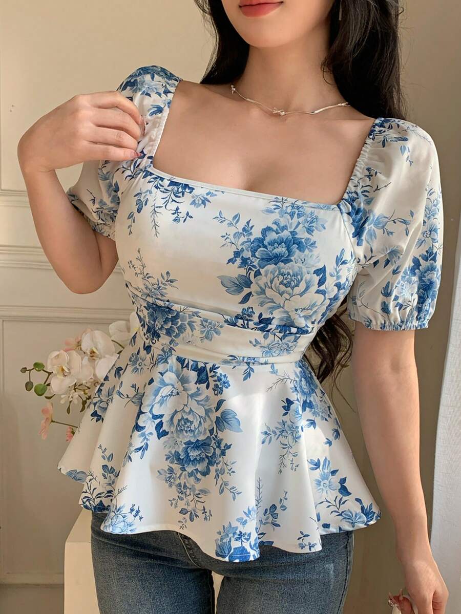 Celisse 印花方领花瓣袖收腰荷叶边下摆女式衬衫 - 彩色 - 查看 1