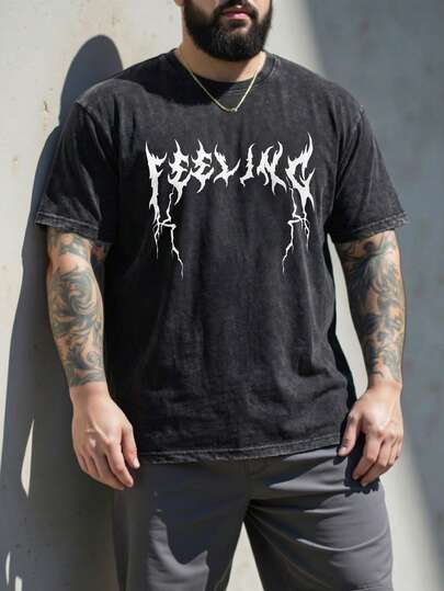 ResortEase Camiseta negra lavada con estampado de letras oscuras, estilo de calle de moda para hombre de talla grande, regalo para novio/esposo, regalo de aniversario, para festival de música al aire libre, discoteca