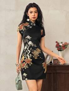 EastFlair 女士优雅新款中国风碎花修身连衣裙，夏季 - 黑色和金色 - 查看 5