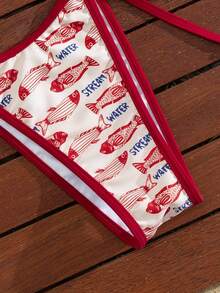 Swim Mod Women's Micro Triangle Cup Sexy Burgundy Bikini 2-Piece Set, Unique Fish Pattern With Vibrant Vitality, Classic Sexy French Triangle Cup Halter Design, Suitable For Vacation, Valentine's Day, Beach, Photo Shoot, Spring/Summer - Red - View 5