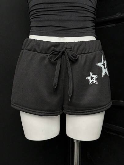 SHEIN DivaQ 针织性感时尚低腰抽绳五星印花水钻装饰女式短裤，适合春、夏、秋季穿着