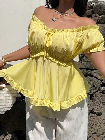 Sunnyshic Blusa de línea A de manga corta con hombros descubiertos, volantes y lazo en la parte delantera, de unicolor, para mujer de talla grande